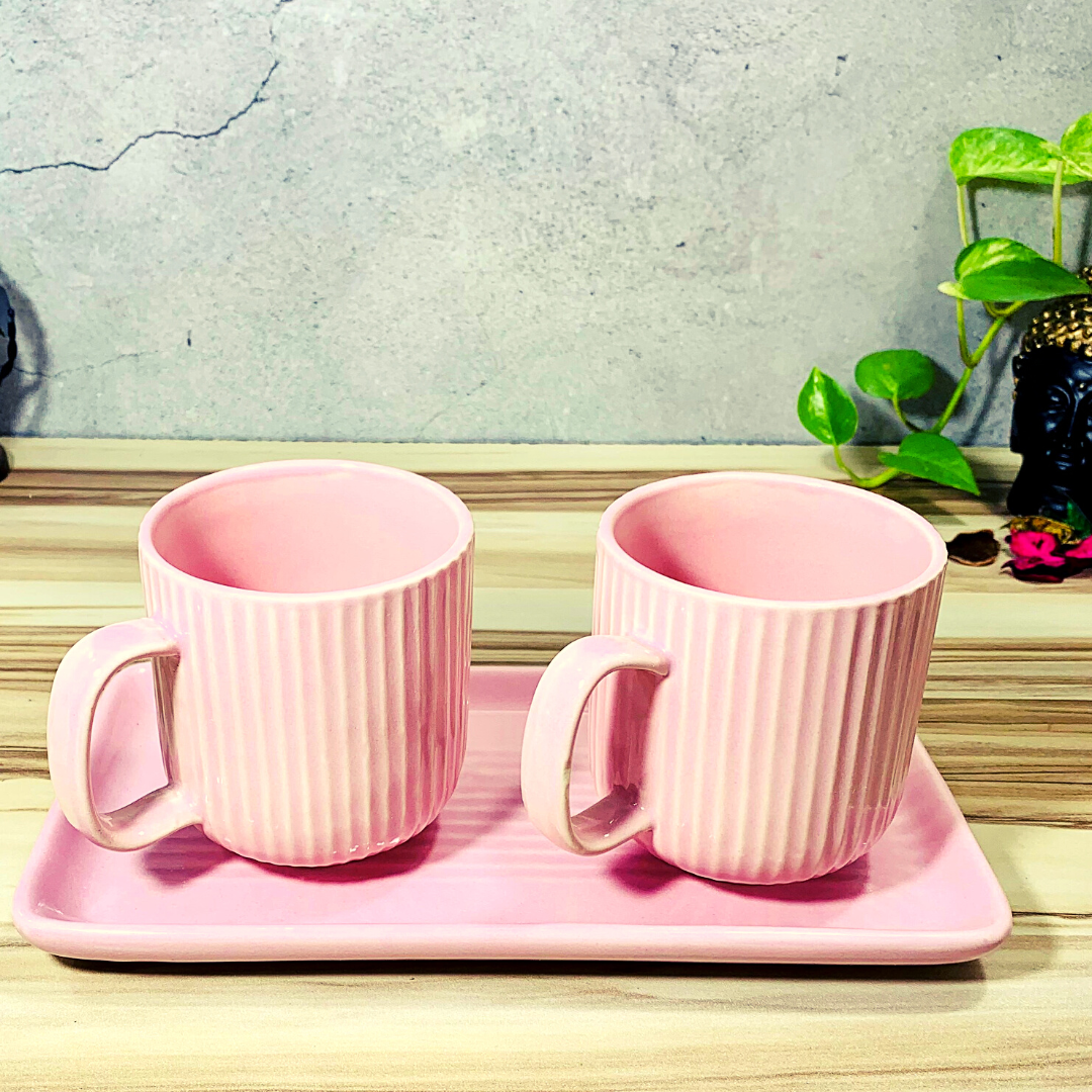 Homefrills Premium Stoneware Handmade Striped Design Ceramic Tea Cups & Milk/Coffee Mugs Along with Tray Microwave Dishwasher Safe - Pack of 3 ( 2 Cups and 1 Tray) Pink , 300ml